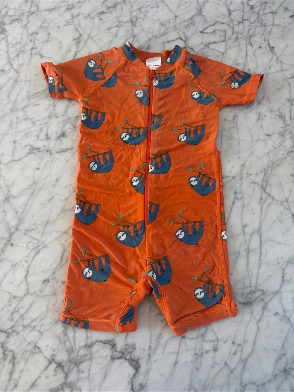 Hanna Andersson Sz 3T Swim Orange Sloth Print One-Piece Zipper Romper